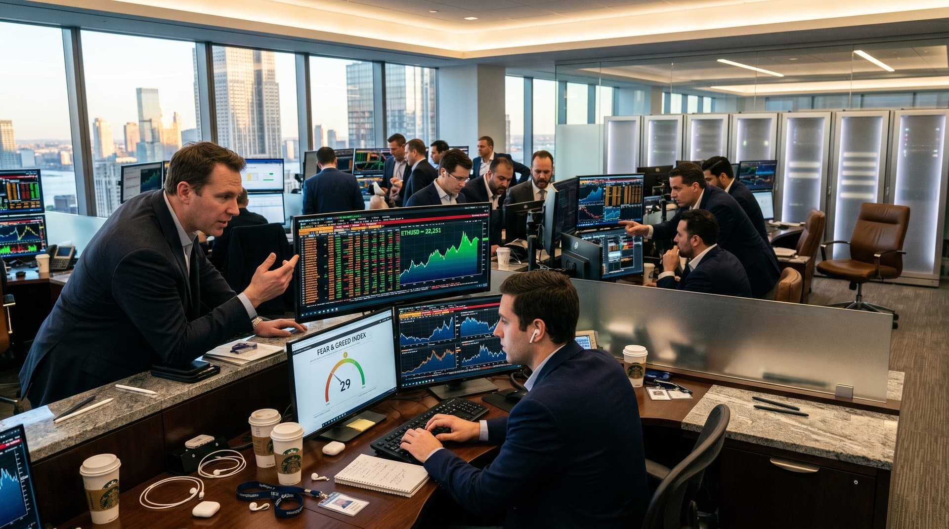 Trading floor desks with Bloomberg terminals showing Ethereum price charts at $2,261, Fear & Greed Index at 29, and crypto market data on multiple screens