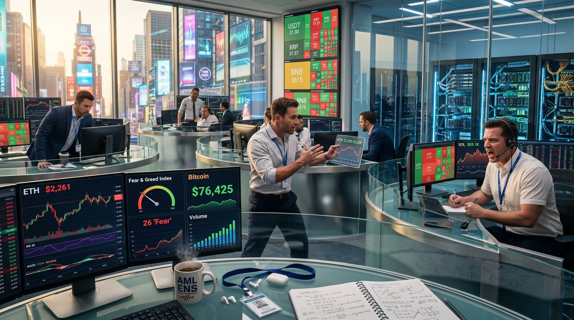 Traders at trading floor study Bloomberg terminals with ETH charts and Fear & Greed data amid multi-monitor setups