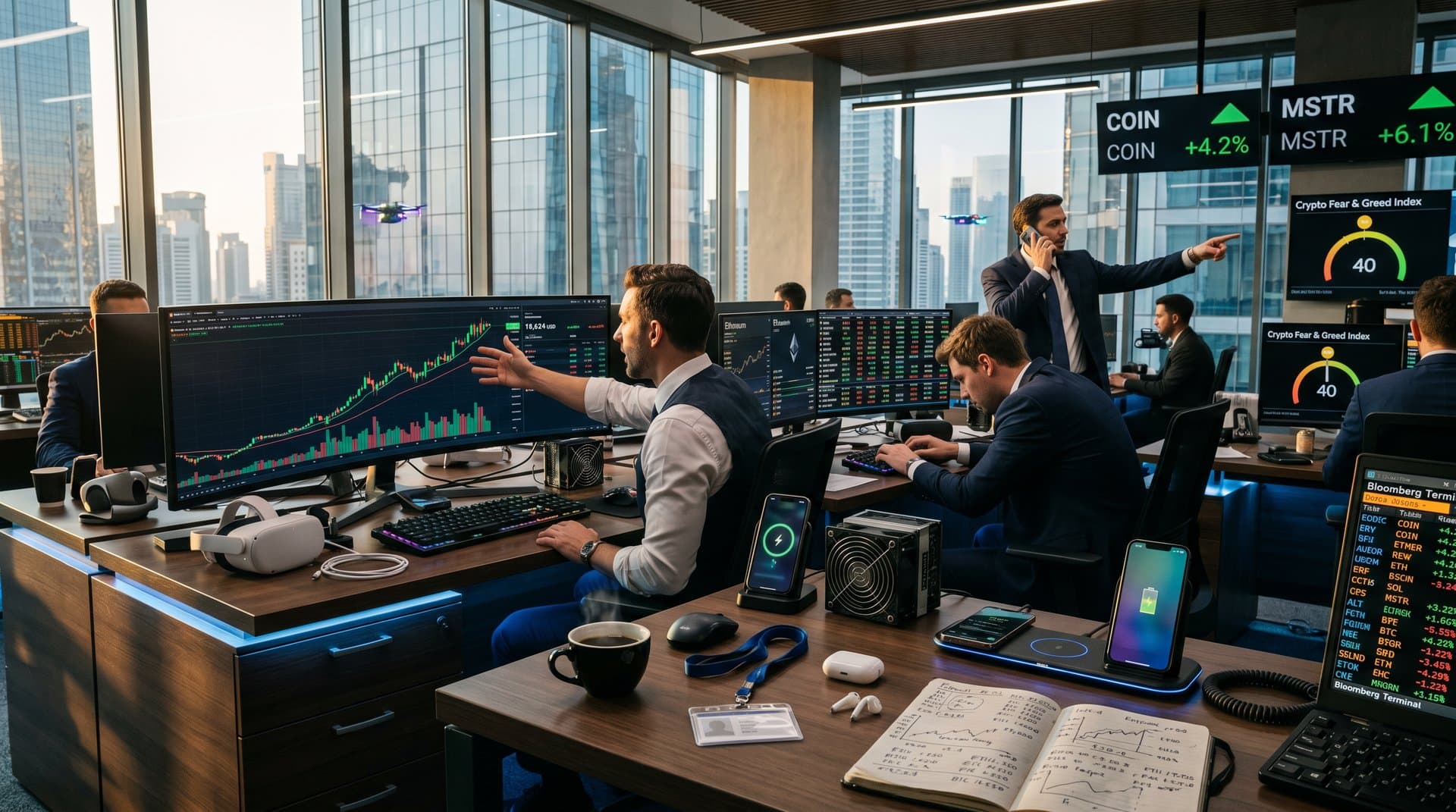 Traders monitor Bitcoin surge to $78K and crypto stock rallies on screens amid gadgets in dawn-lit trading room