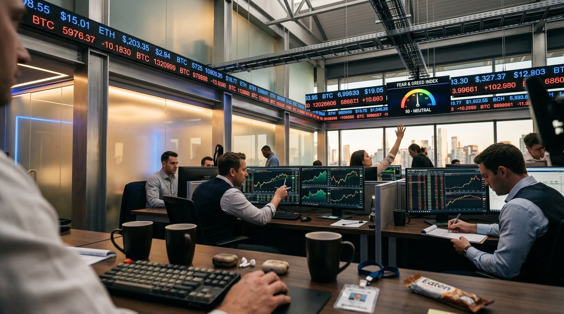 Trading desks with Bloomberg terminals showing ETH price charts at $2,358 and BTC at $80,157 amid neutral Fear & Greed screens