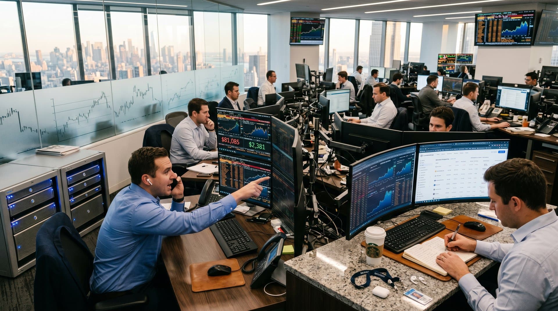 Fintech trading floor with Bloomberg terminals showing ETH at $2,381 and BTC charts in modern professional setting