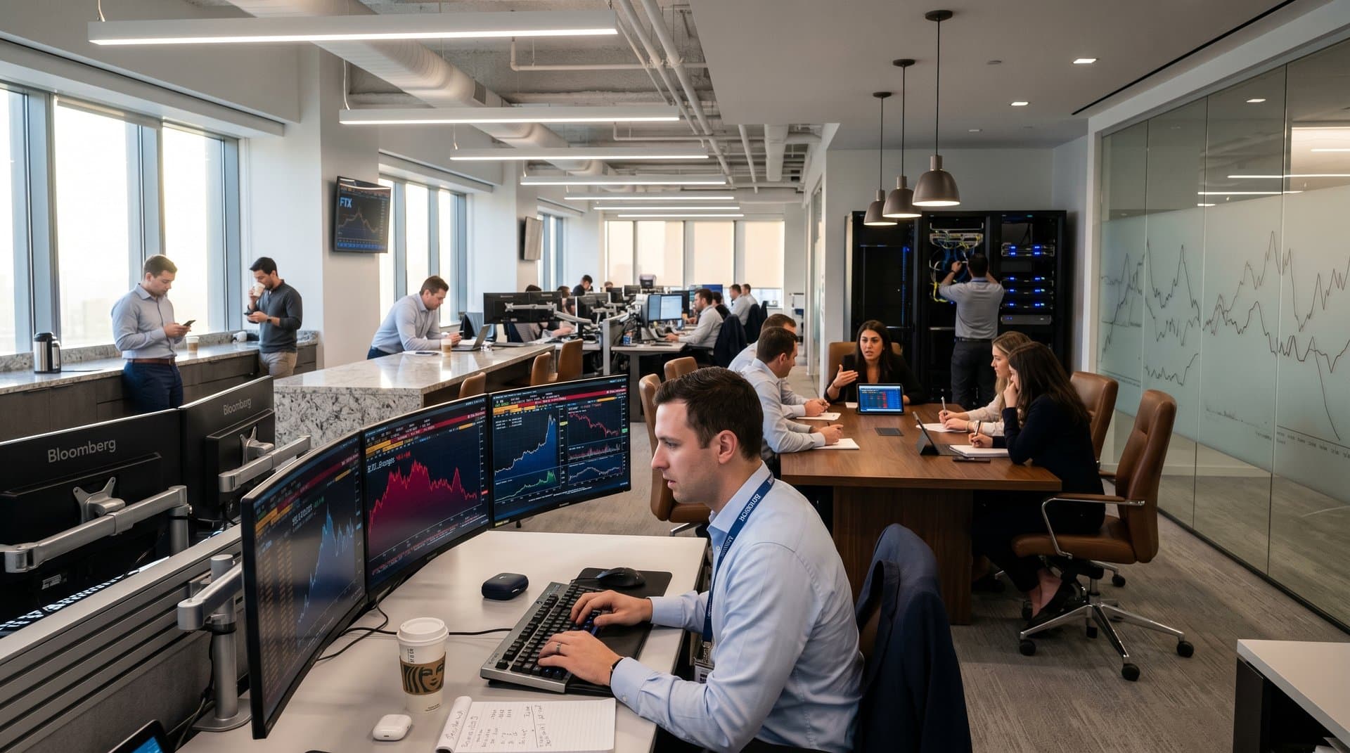 Trader at Bloomberg terminal on Goldman Sachs floor with crypto stock screens, multiple monitors, and colleagues discussing under pendant lights