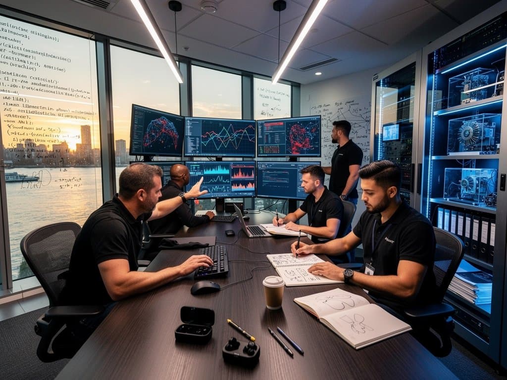 Futuristic cybersecurity command center with AI threat maps, neural networks, and server racks in a high-tech lab overlooking cityscape