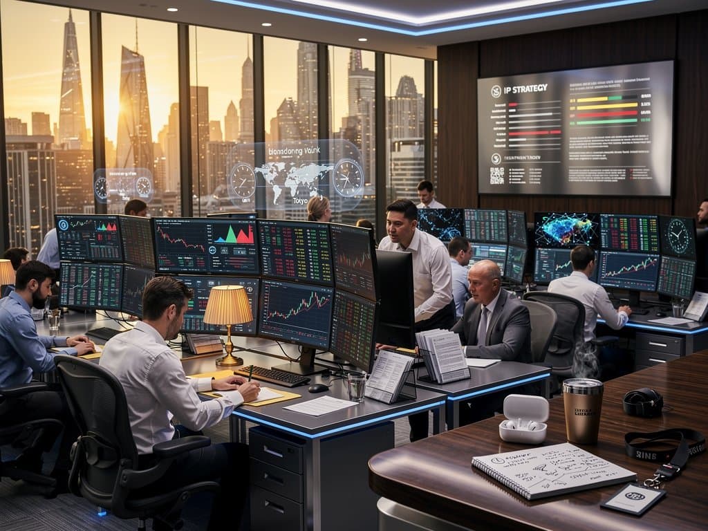 Fintech trading screens show BTC at $74,728 USD, crypto prices, Fear & Greed at 23, regulatory docs, city skyline.