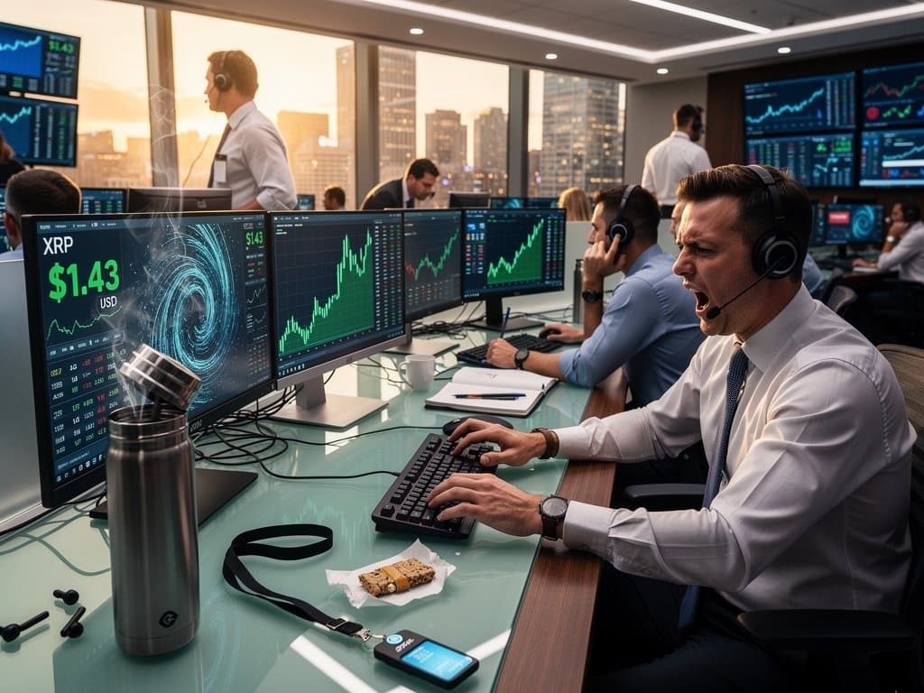 Monitors on trading desks showing XRP charts surging to $1.43 USD amid blockchain payment visuals