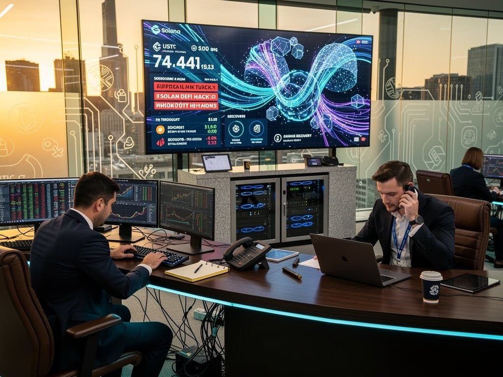 Fintech trading screens show USDT, BTC charts, DeFi hack alerts, and Fear & Greed Index amid recovery funding news