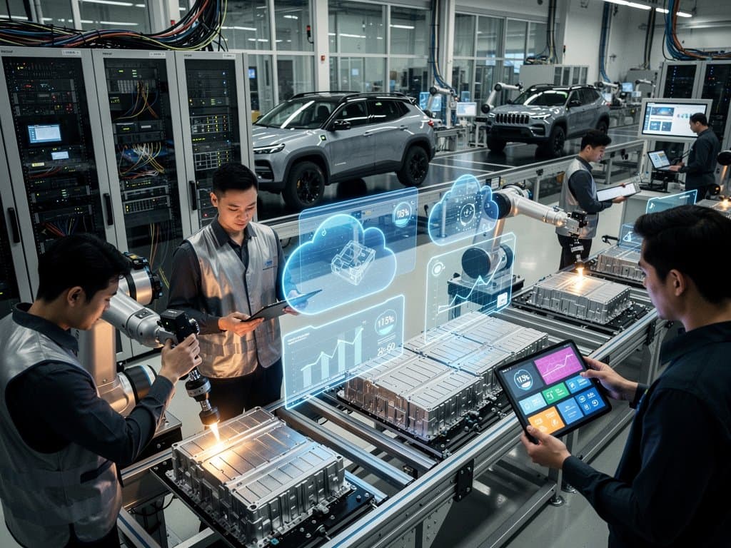 Futuristic AI-driven automotive assembly line with Azure cloud holograms and data streams