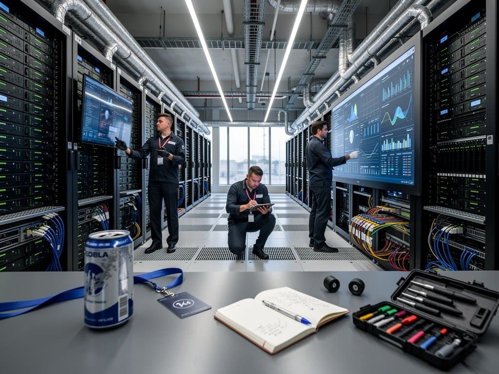 Nvidia GPU server racks in a high-tech data center with liquid cooling, glowing LEDs, cables, and AI monitoring screens
