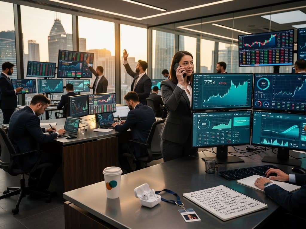 Fintech office with AI dashboards showing BTC $75K, Fear & Greed 23, crypto charts, and skyline in high-stakes wealth management scene