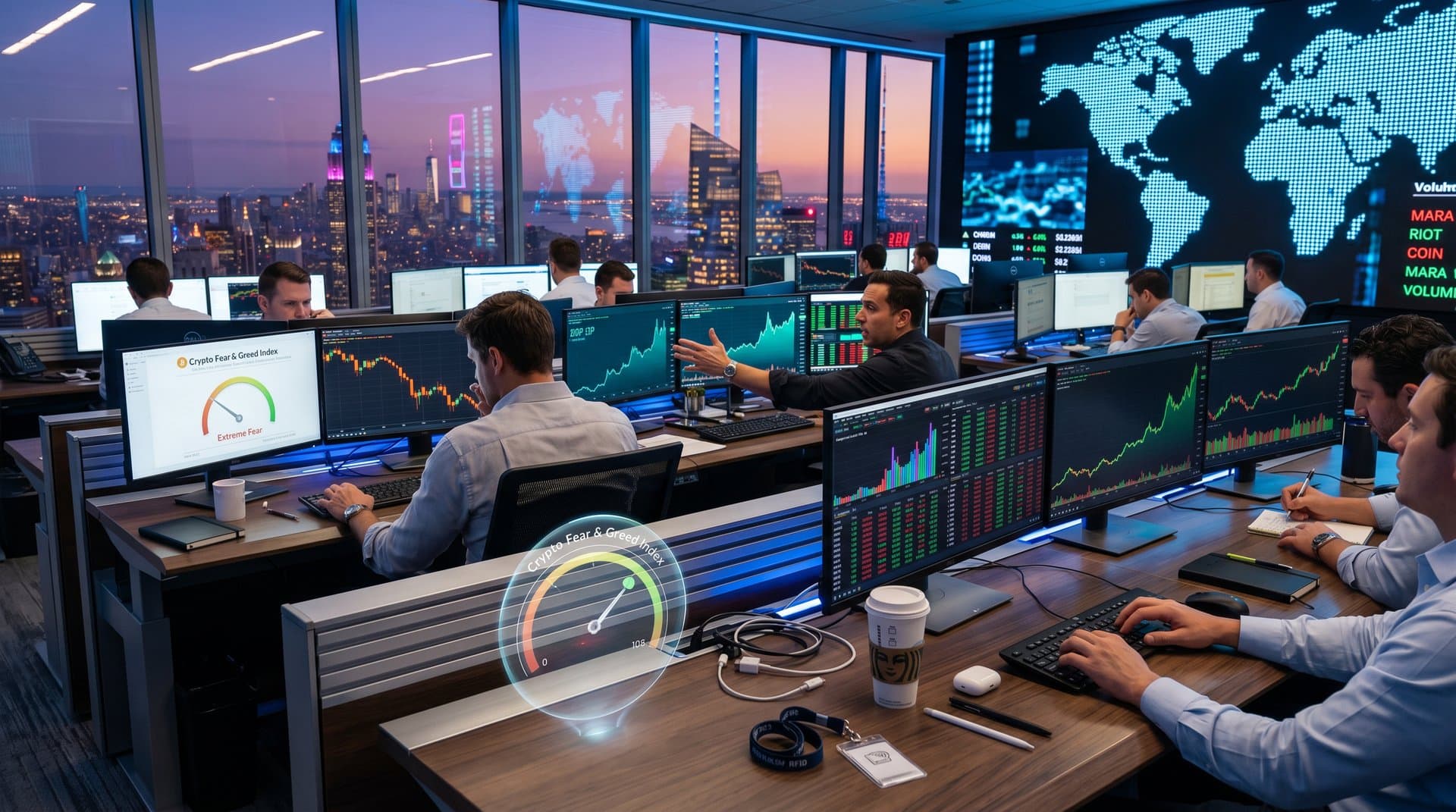 Trading floor monitors show crypto prices with Fear & Greed at 23, Bitcoin at $75,097, XRP gains, and top stocks amid volatility