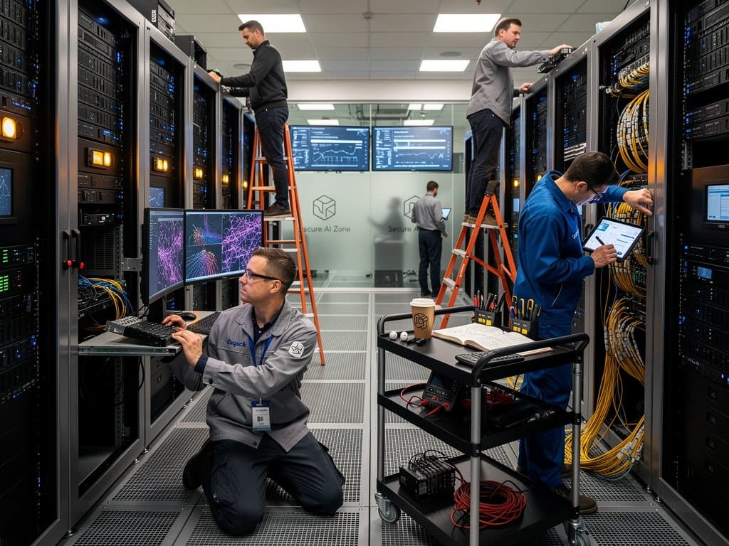 Technicians service Groq AI accelerator servers in glowing high-tech data center racks with monitors and tools