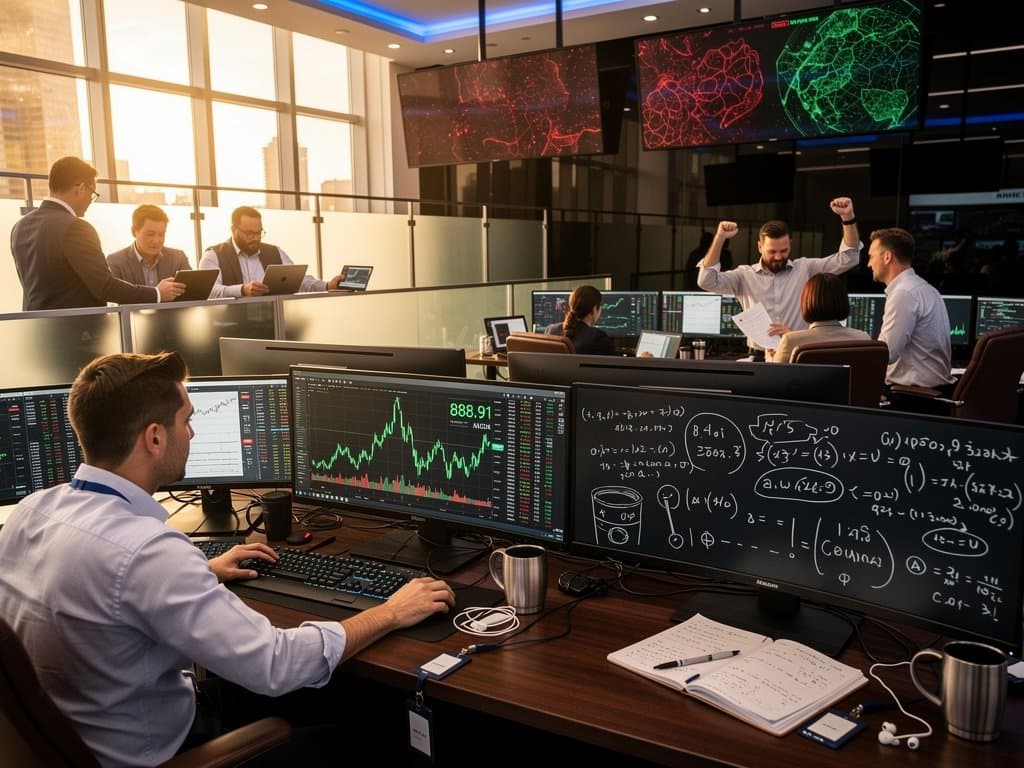 Trading floor with Bloomberg terminals showing Solana charts surging to $88.91 amid market activity.