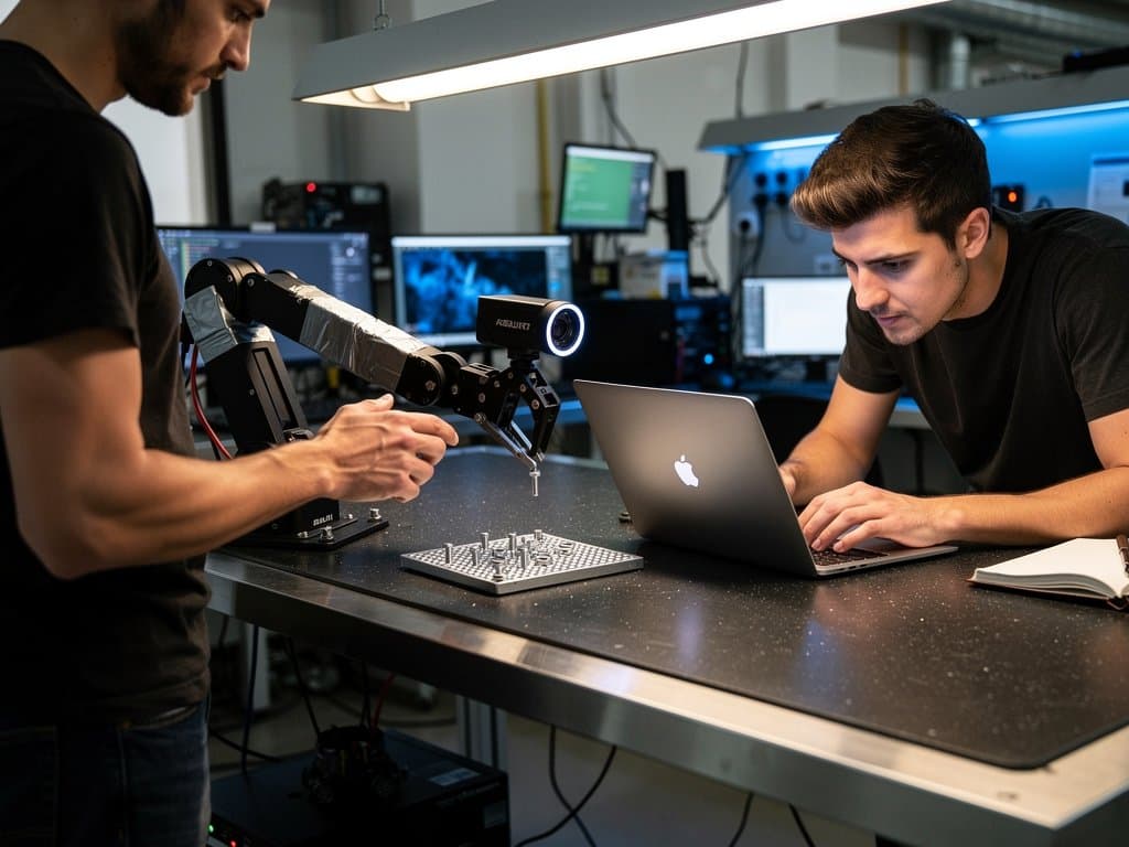 DIY robotic arm made from duct tape, CNC parts, and webcam grabs object on cluttered garage workbench