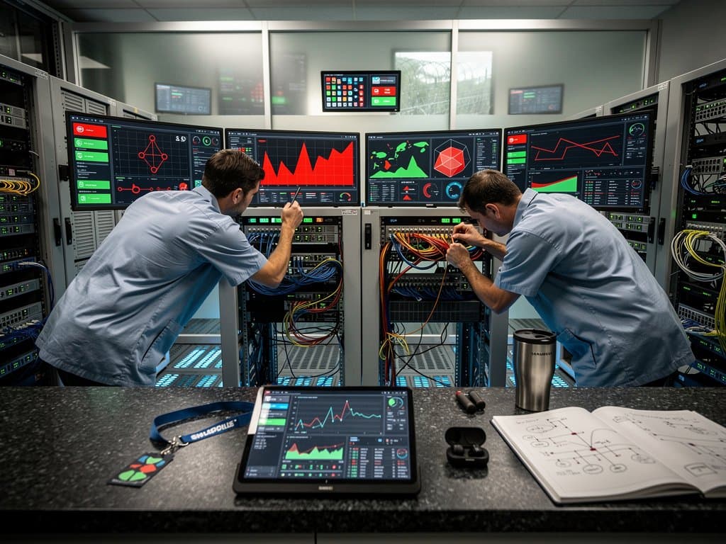 Secure data center with server racks, LED lights, and cybersecurity dashboards under soft lighting