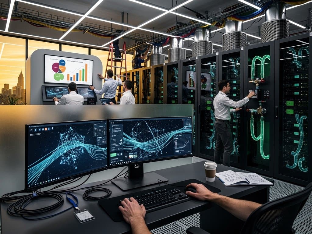 Engineers monitor AI-driven IRS tax processing servers in high-tech data center with glowing racks, dashboards, and control consoles