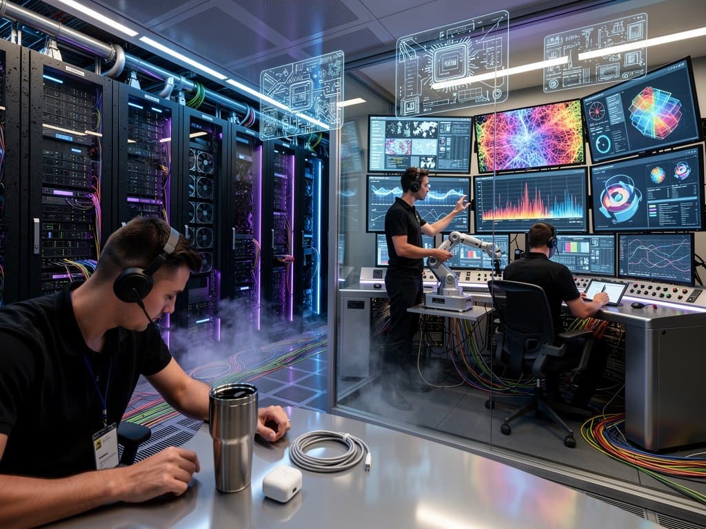 Glowing AI server racks and fiber optic cables in a high-tech data center with holographic displays and monitoring screens