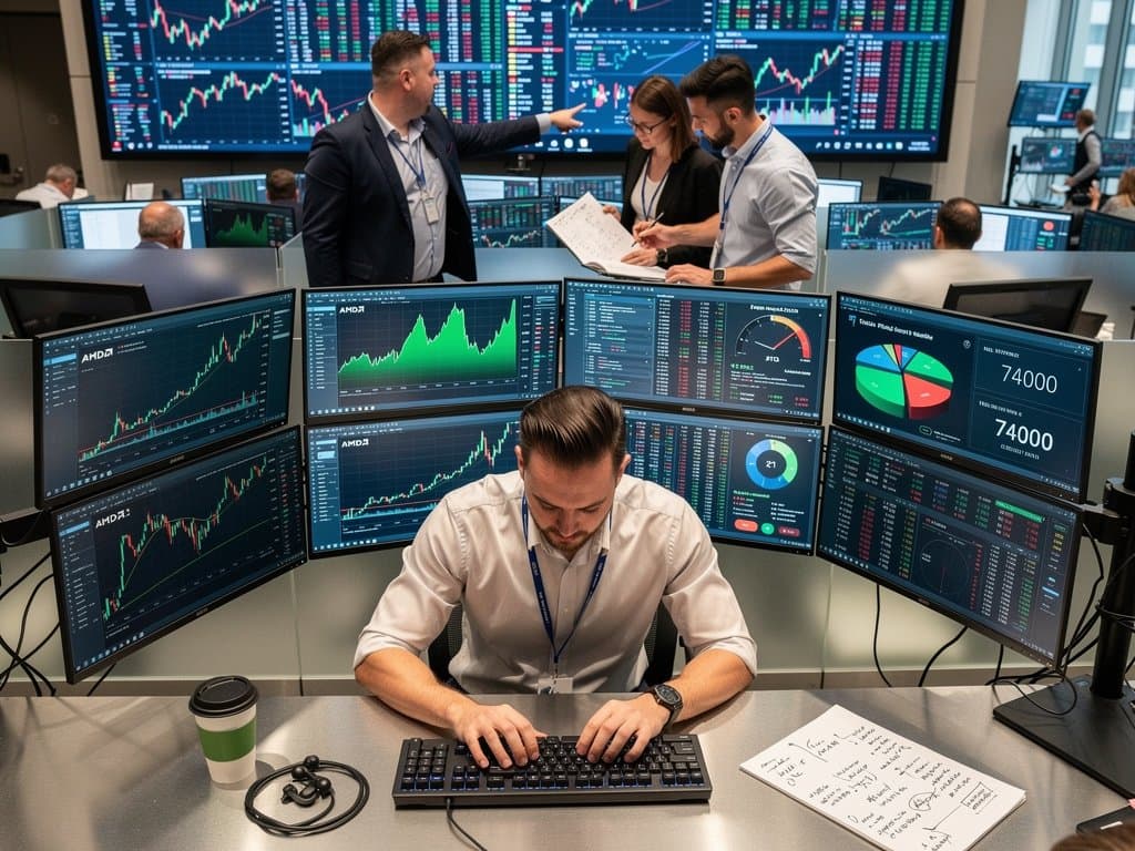 Traders at Bloomberg terminals on trading floor monitor AMD AI chipmaker profit surge, Nvidia charts, BTC prices amid Fear & Greed gauge