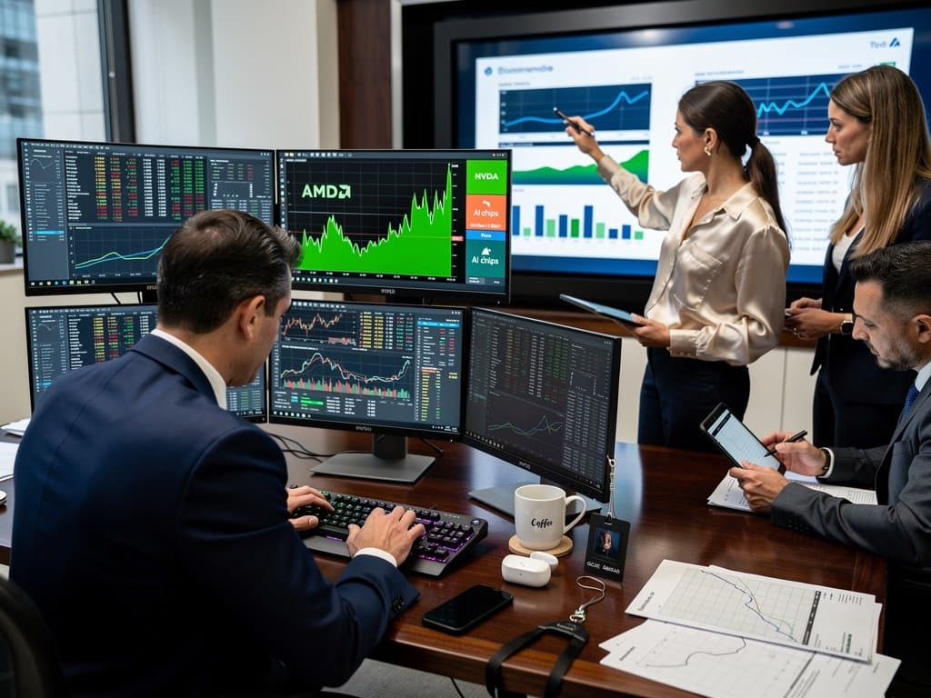 Traders on investment bank floor analyze AI chipmaker AMD's 58% profit surge charts on multi-monitor Bloomberg setups
