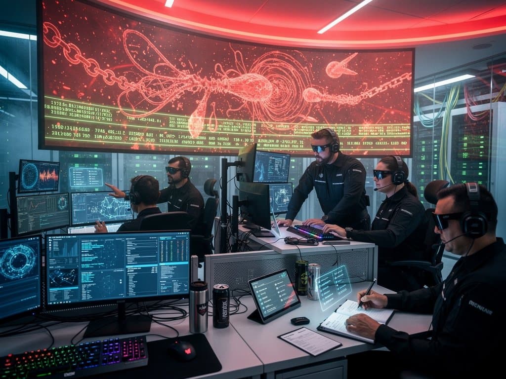 Cybersecurity team monitors AI threat maps, crypto prices, and Mythos simulations in high-tech ops center