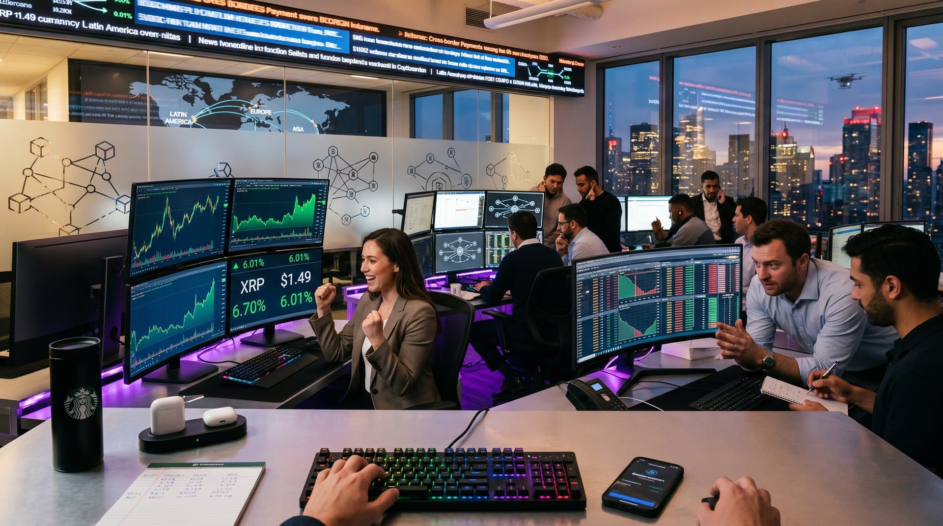 Fintech traders monitor XRP price surge on multi-screens amid dynamic trading floor with charts and city views