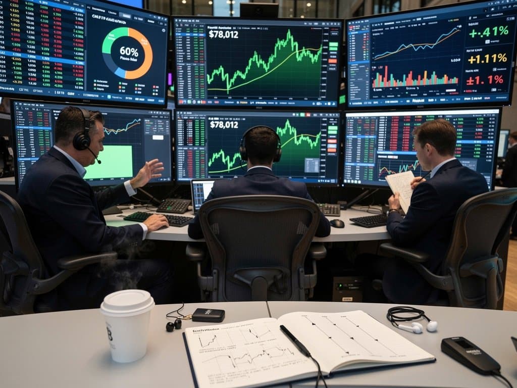 Trading screens show Bitcoin surge to $78K with Fed charts and market data