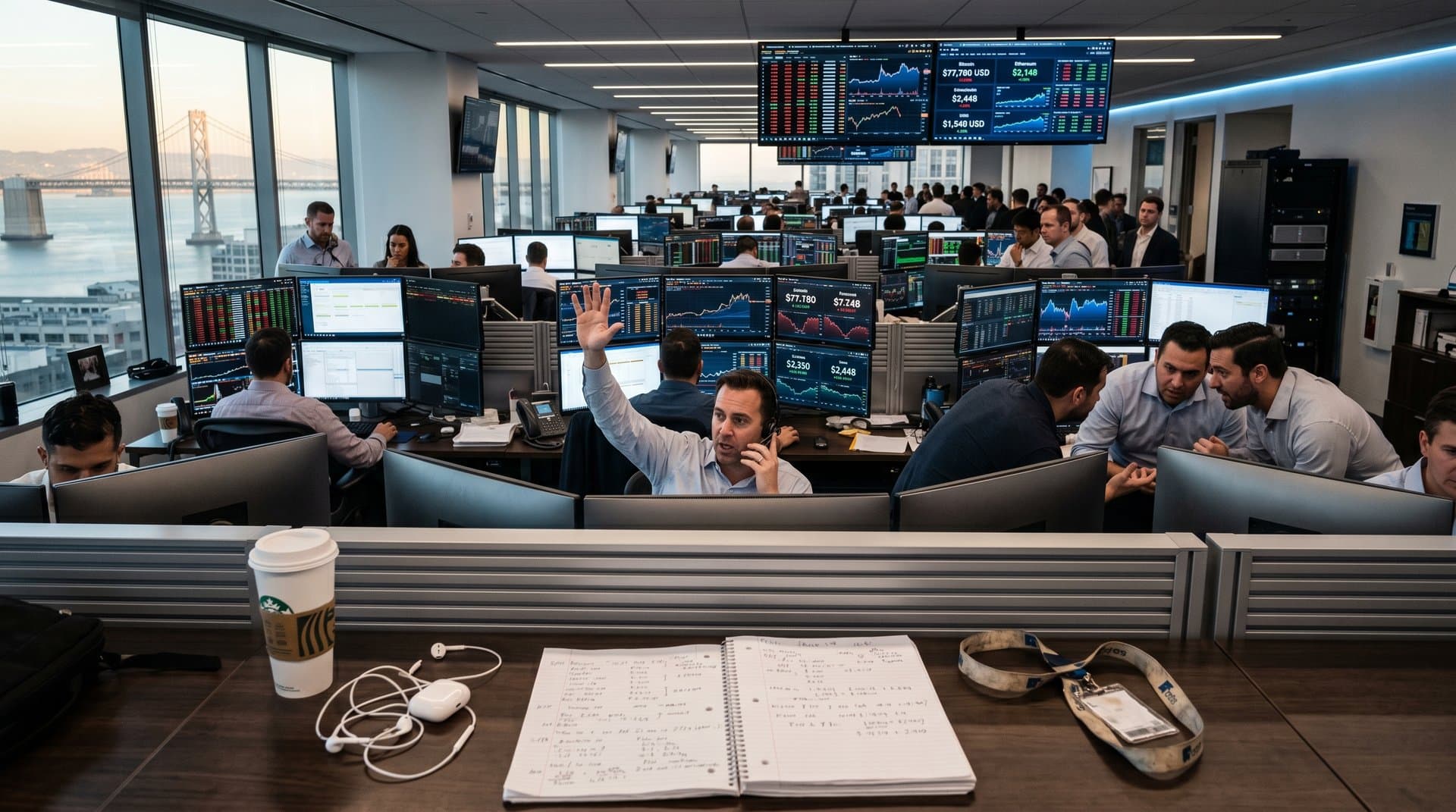 High-tech trading floor with monitors showing BTC at $77,780, crypto charts, and fintech dashboards overlooking city skyline