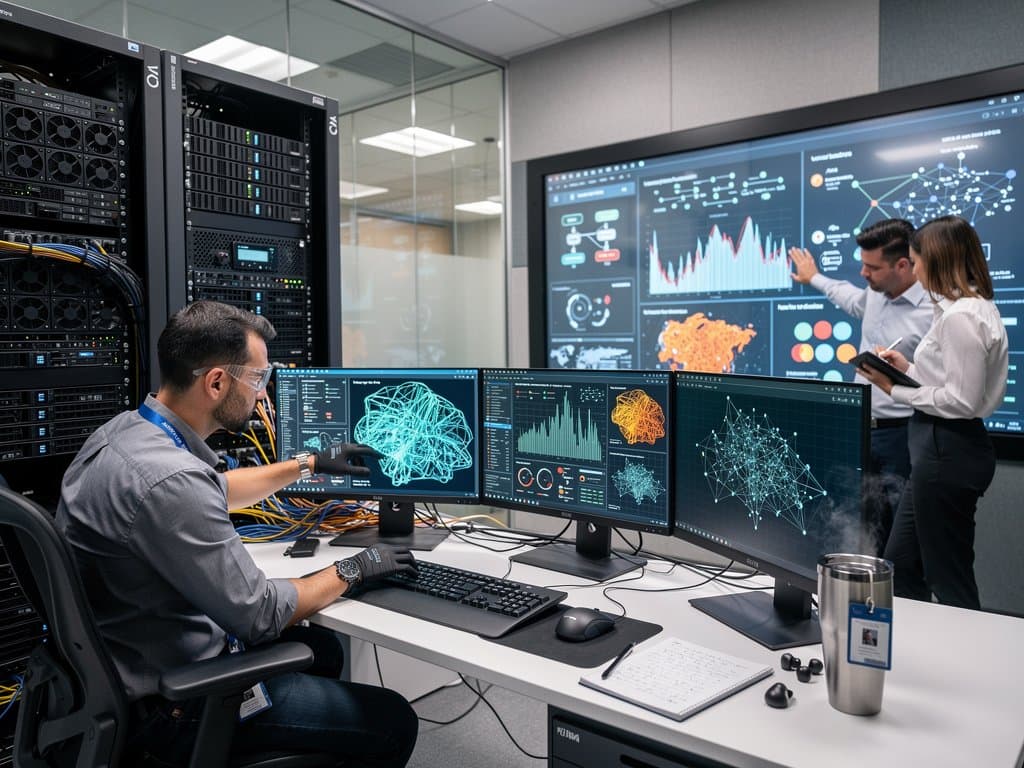 Engineer inspects AI servers on monitors in AWS GovCloud data center control room amid LED racks and analysts collaborating