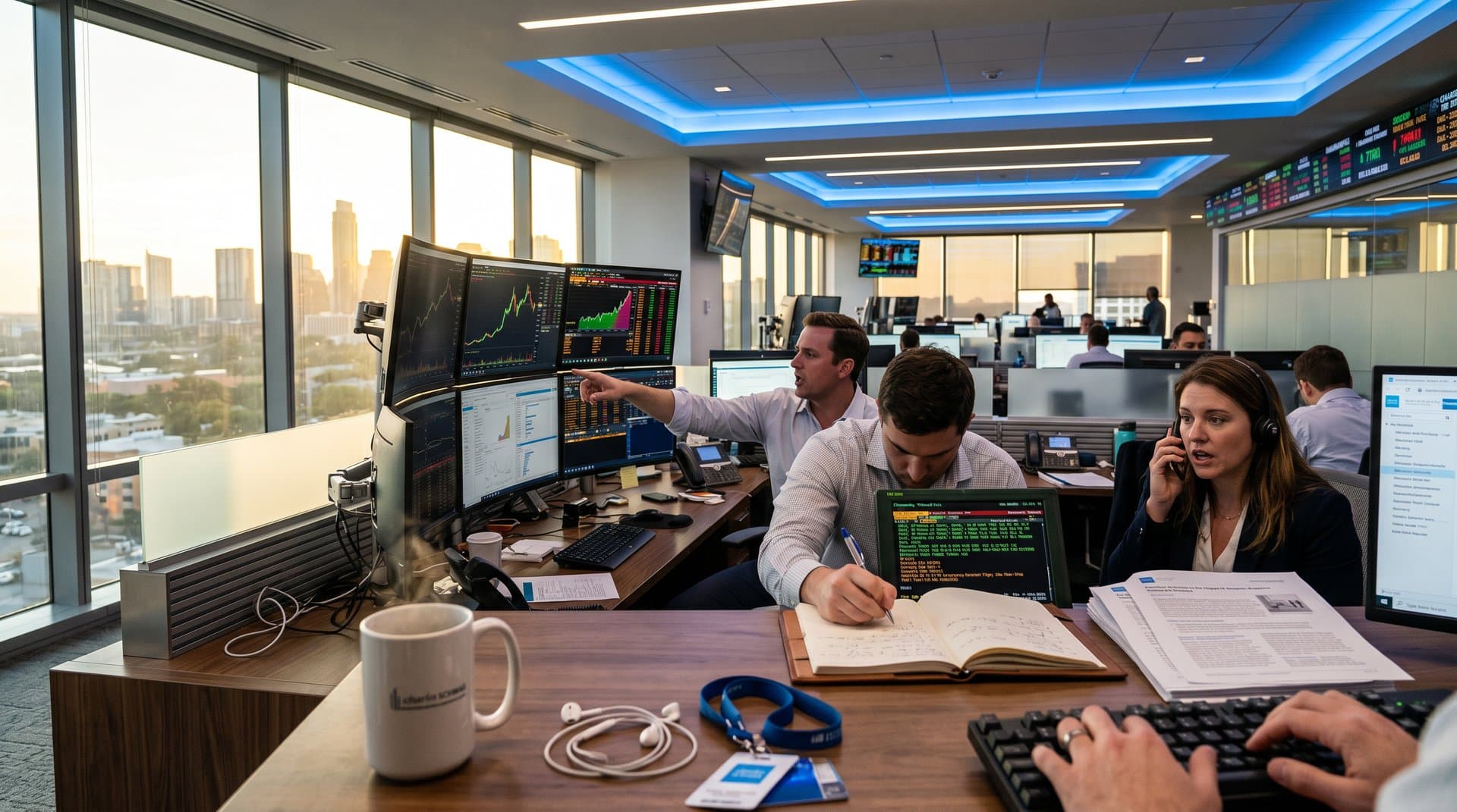 High-tech Charles Schwab trading desk with monitors showing BTC at $77,601, crypto charts, order books, coffee mug, and city skyline view