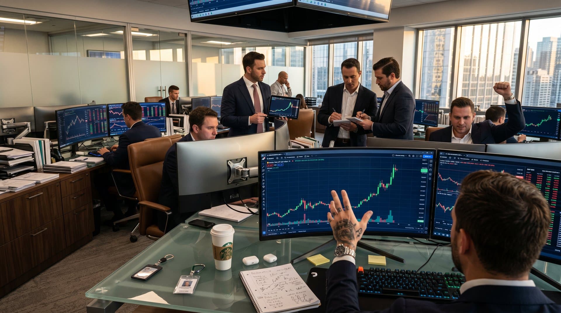 Trading screens show Bitcoin surging to $77,507 amid risk asset rally on global markets