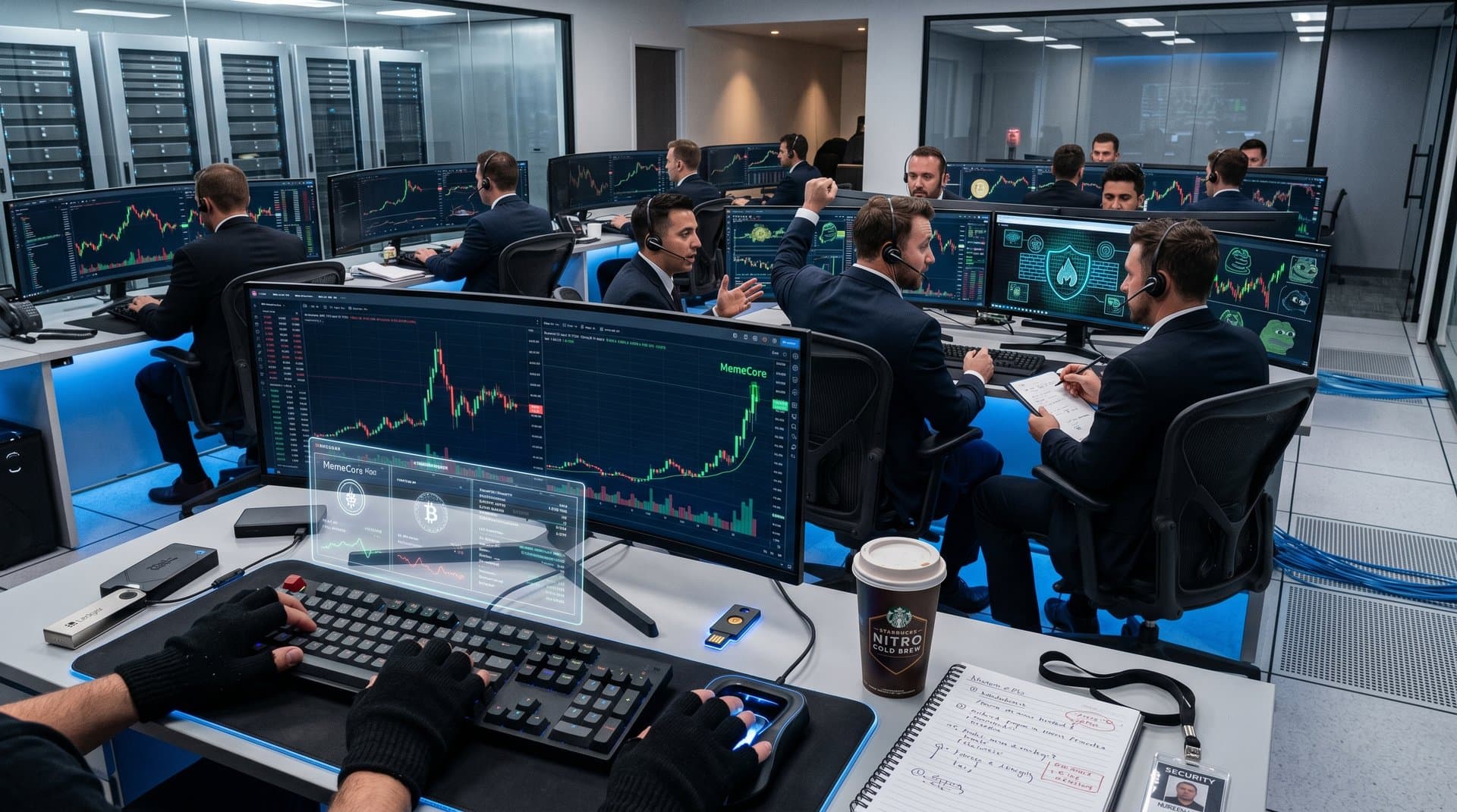 Crypto trading center with MemeCore charts, security dashboards, hardware wallets, and blockchain visuals