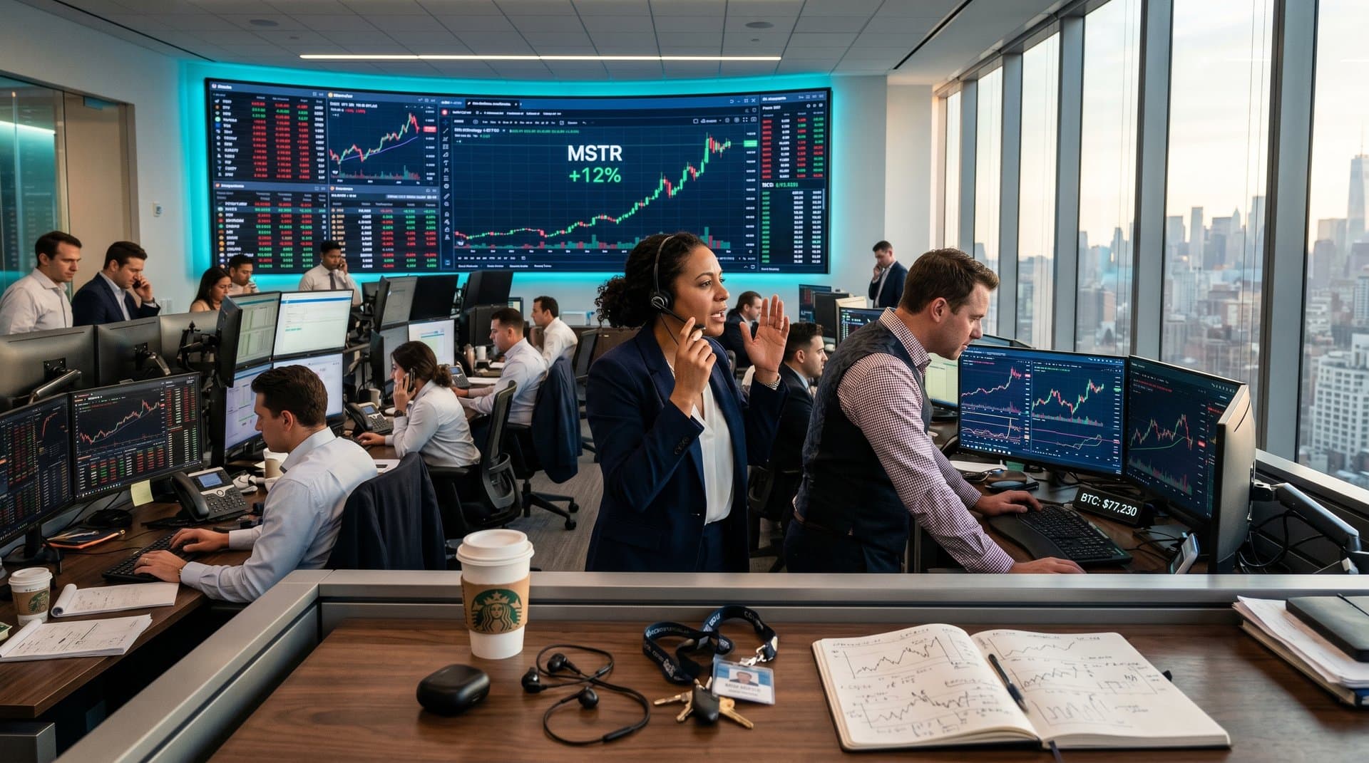 Screens showing green MicroStrategy stock and Bitcoin charts on modern trading floor