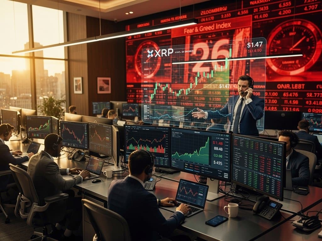 Trading floor Bloomberg Terminals with XRP price charts at $1.47, Fear & Greed Index at 26, and market data visuals