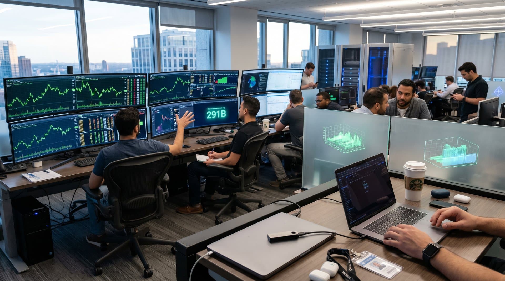 Ethereum price surge charts on trading screens with hardware wallet and smart gadgets in modern office