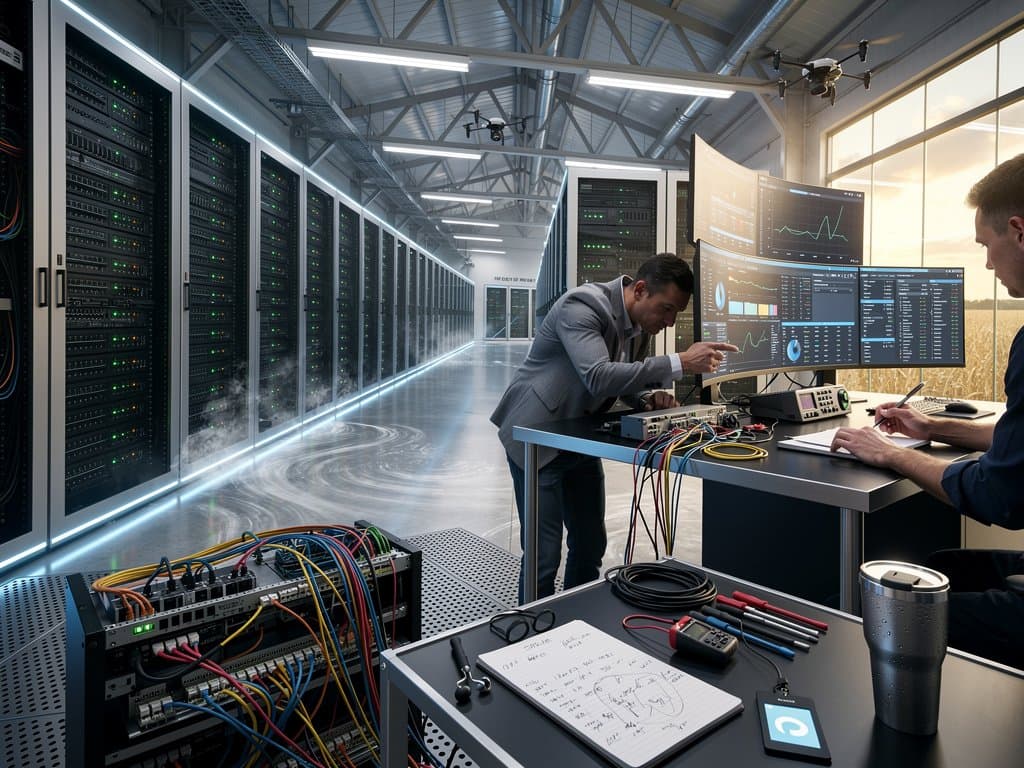 Vast hyperscale data center with GPU server racks, control consoles, and cooling systems under LED lights