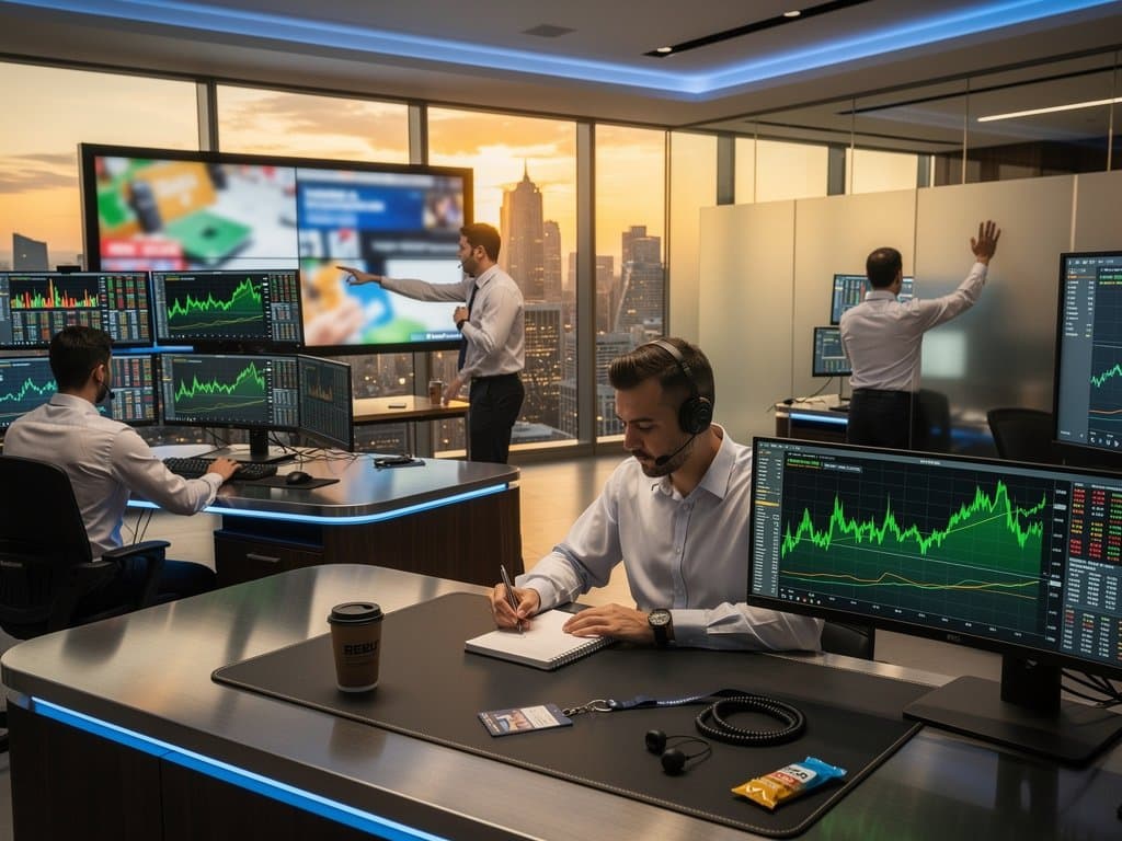 High-end trading floor with monitors showing ASML earnings charts and Nasdaq futures amid modern office vibe