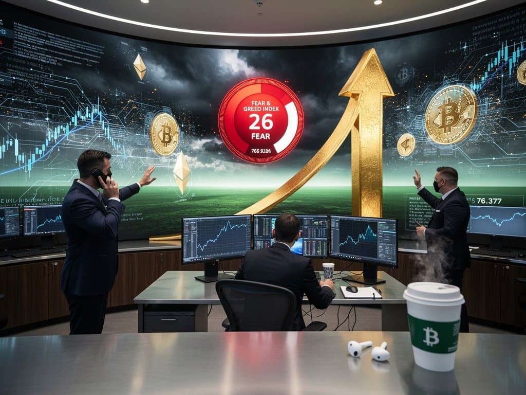 Abstract chart of Fear & Greed Index at 26 with AI sell-off trends and rising Bitcoin amid neon tech motifs