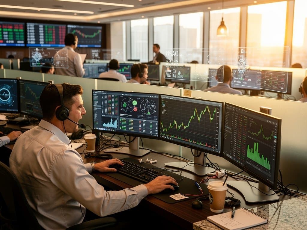 Abstract trading floor with Bloomberg terminals showing ASML charts and Nasdaq futures amid financial data displays