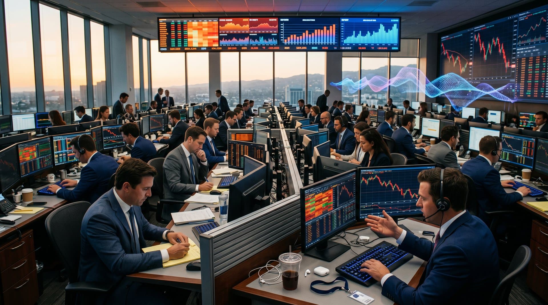 Trading floor screens show AI sell-off with Fear & Greed Index at 26 and resilient crypto prices amid red charts