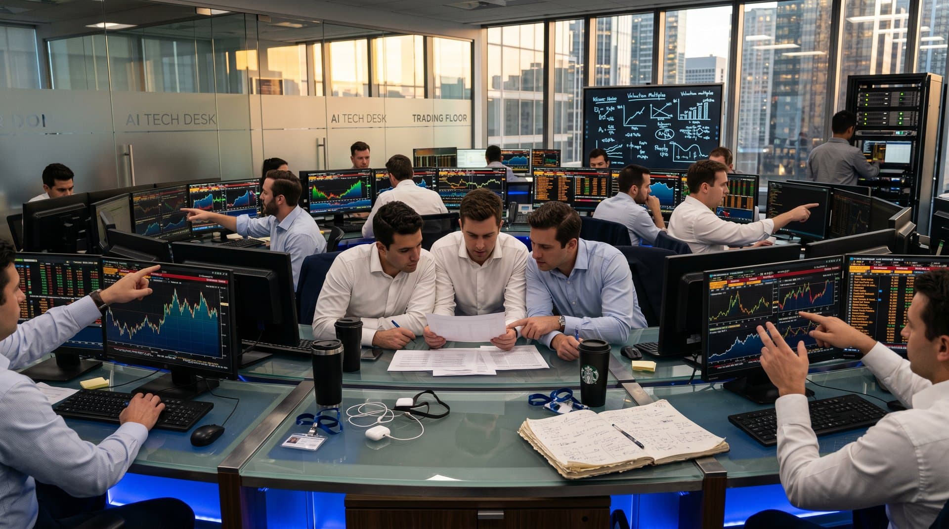 Trading floor analysts review Cerebras IPO filing on terminals amid AI chip charts and skyline view