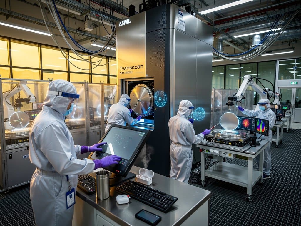 Engineers in bunny suits operate massive ASML EUV machine amid wafers and controls in busy TSMC cleanroom fab