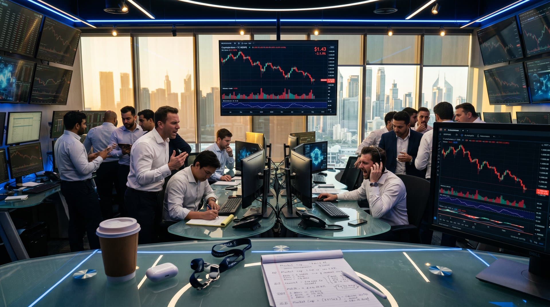 Traders monitoring XRP price charts dropping 3.9% on trading floor with city skyline at dawn