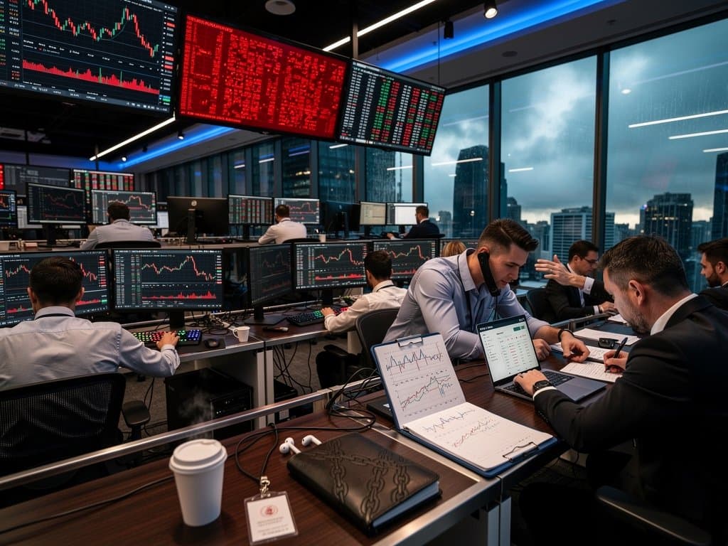 Trading floor monitors show Chainlink LINK price drop to $9.38 amid red crypto market screens