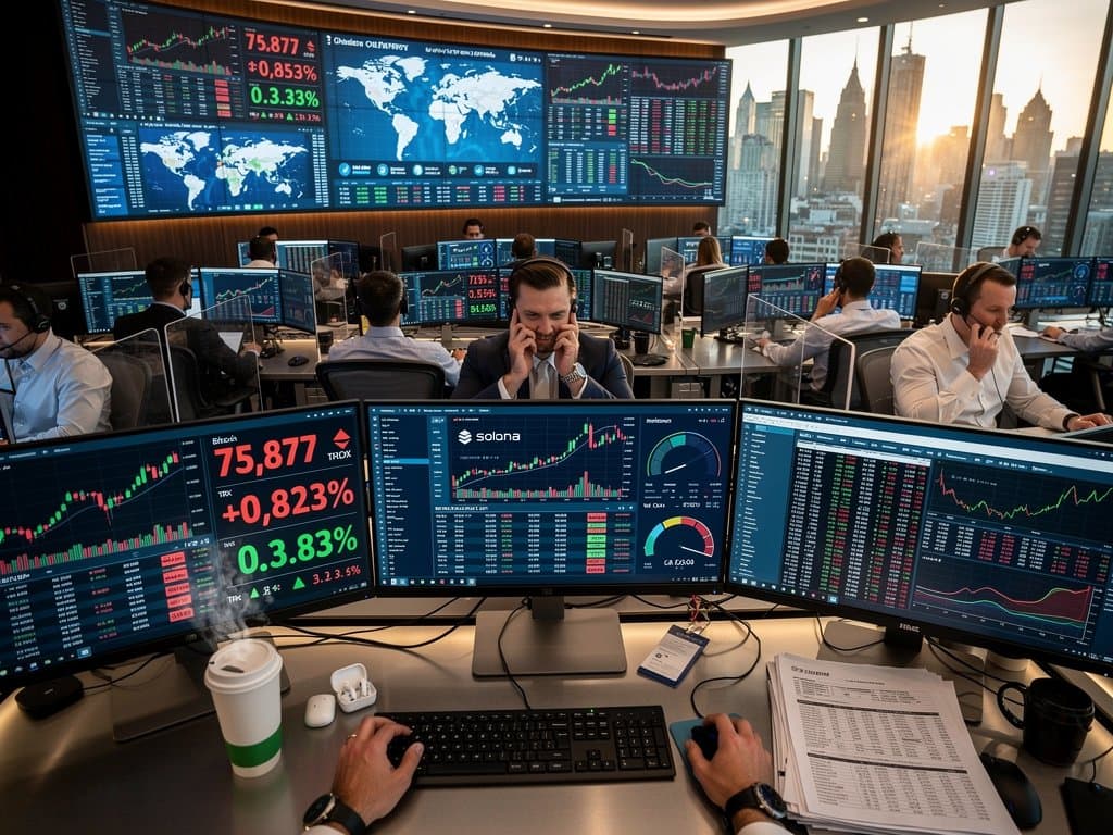 Trading floor monitors show crypto market correction with promising cryptocurrency stocks like TRX gains, Fear & Greed at 26, Bitcoin charts, and market data desks
