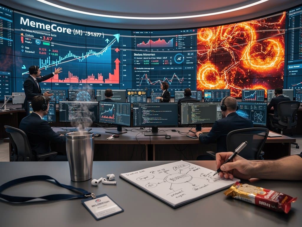 Cybersecurity command center monitors MemeCore price drop and meme coin cyber threats on video walls