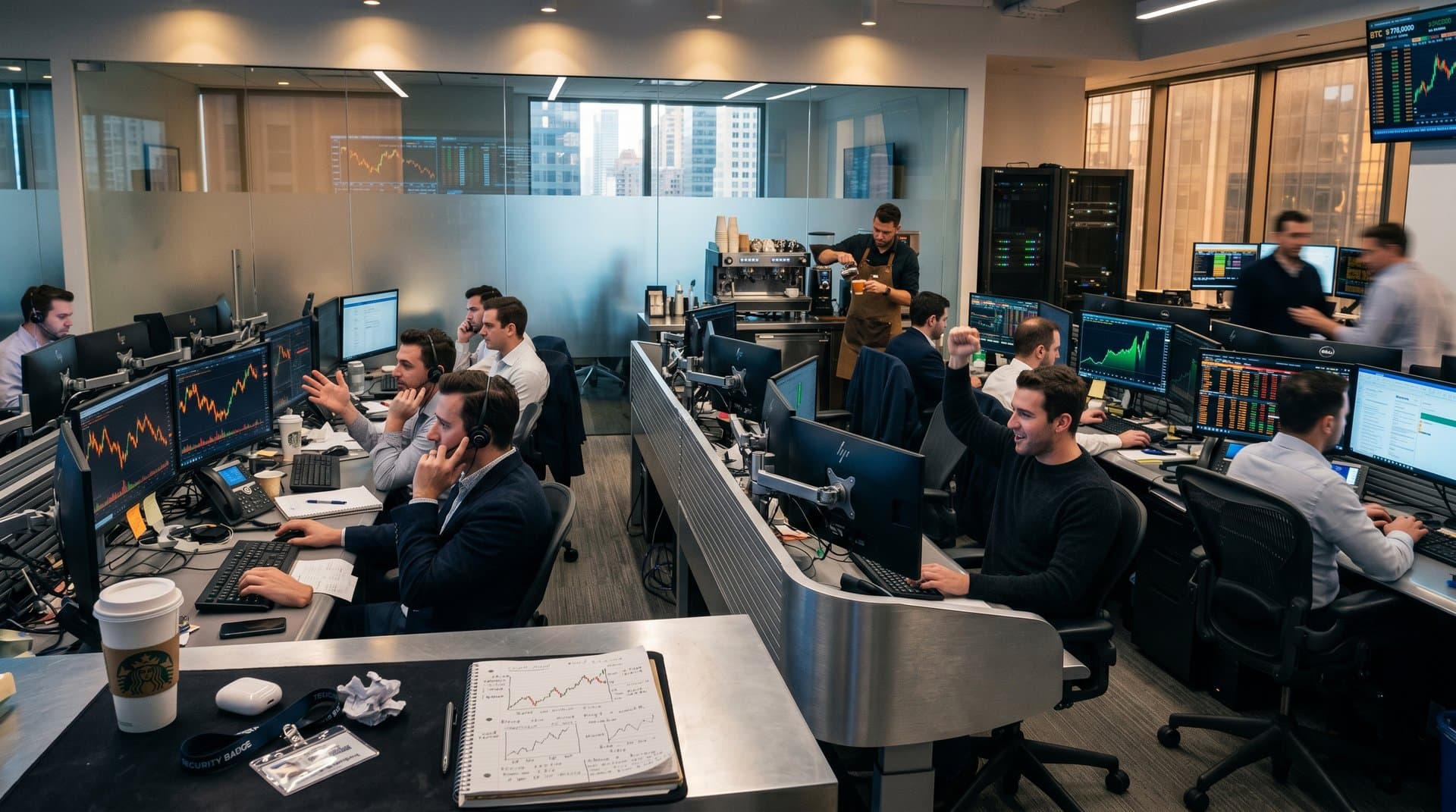 Traders at curved aluminum desks with multi-monitors showing BTC charts and holdings data in a high-end New York trading floor
