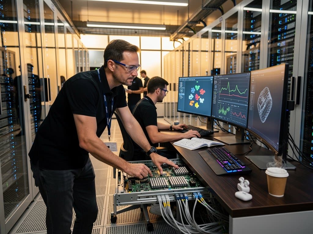 Hetzner data center racks with glowing servers, monitors showing cloud migration dashboards and cost graphs amid fiber cables and hardware trays
