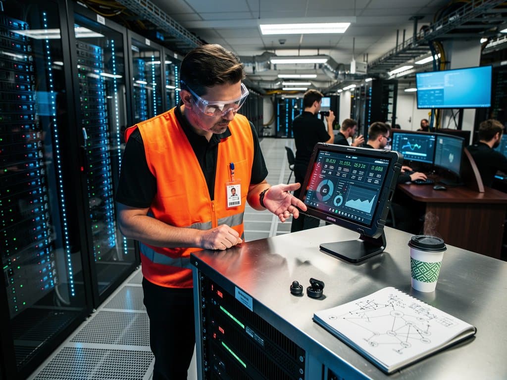 Technicians monitor server racks and proof-of-reserves screens in a high-security Tier IV data center during crypto trading hours