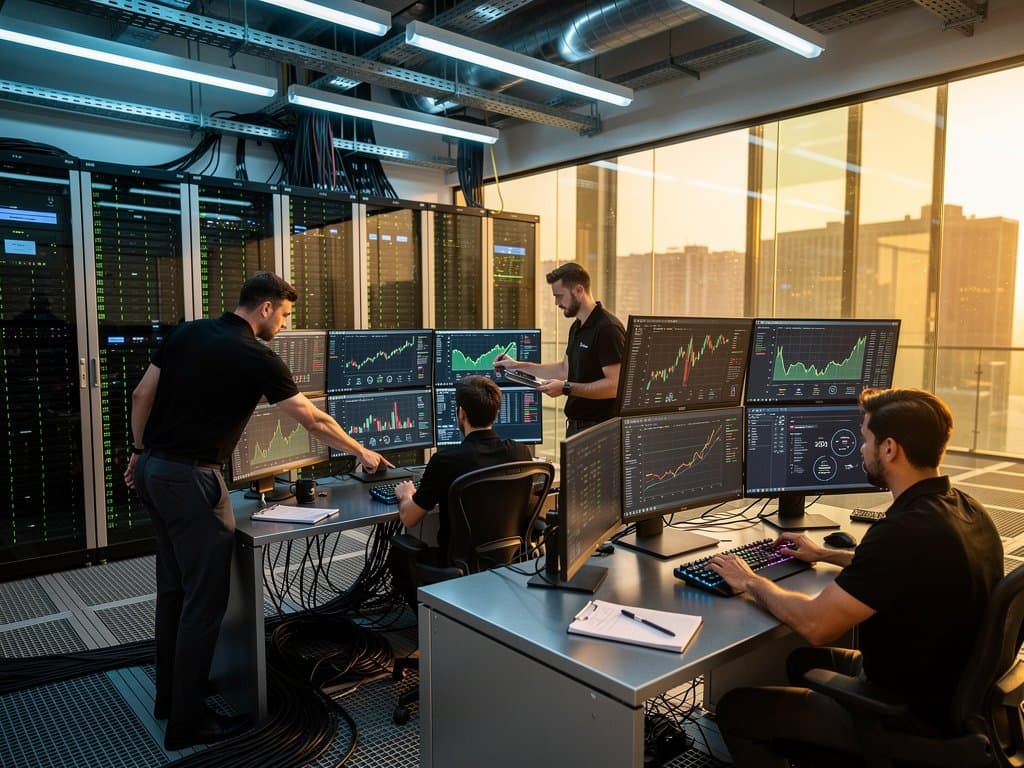 Data center screens show Cardano price drop to $0.25, Bitcoin stability, and blockchain security charts