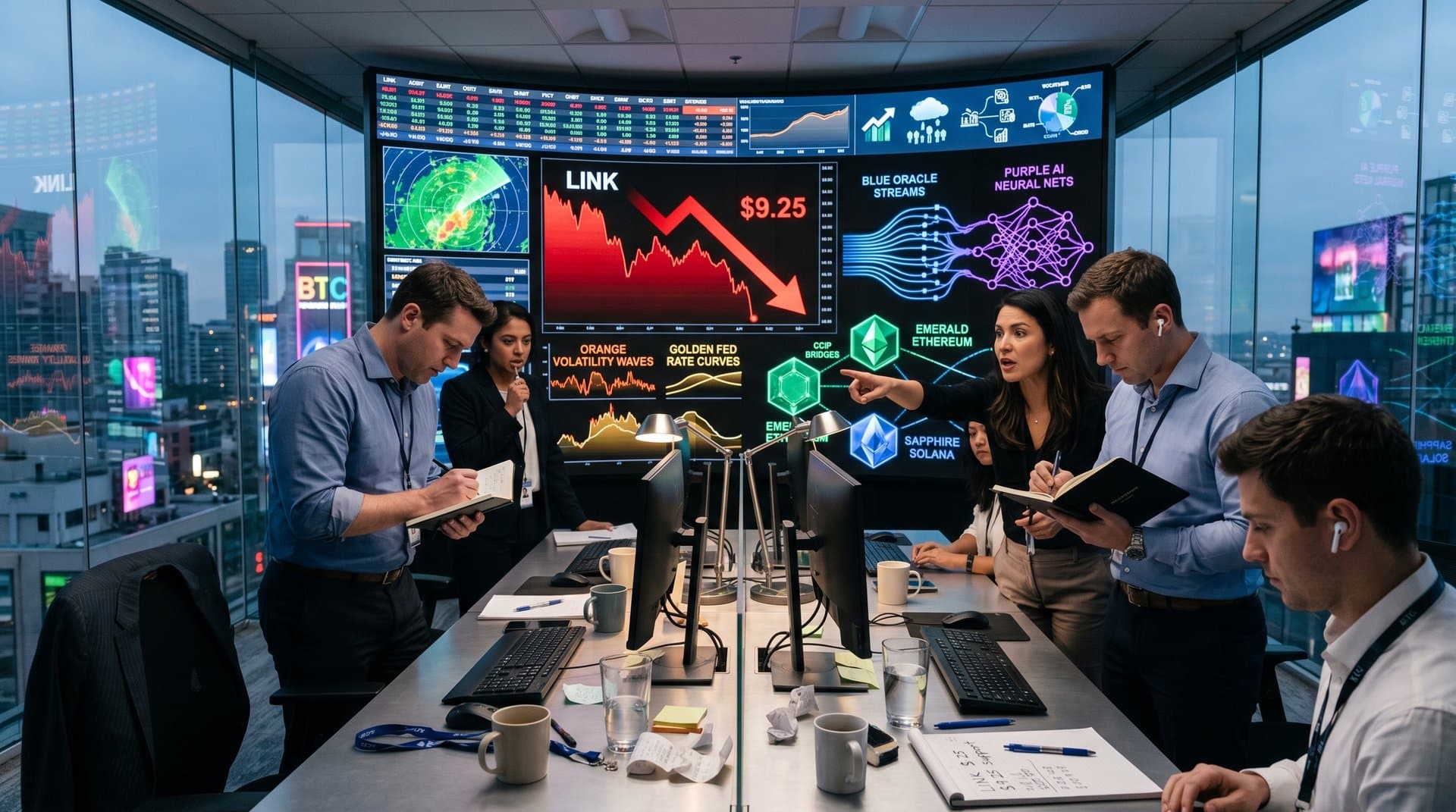 Abstract digital dashboard of Chainlink price drop to $9.25 with oracle streams into AI networks and DeFi contracts amid crypto volatility