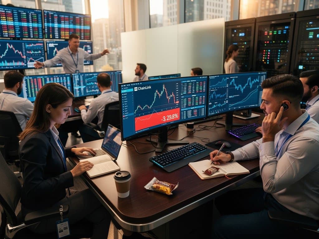 Trading floor screens showing red Chainlink price charts and crypto selloff data in high-tech financial environment